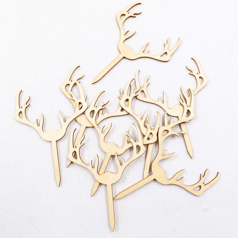 Huray Rayho Antler Cupcake Toppers Wooden Deer Cake Picks Decorations Baby Shower Wedding Hunting Boho Rustic Country Birthday Theme Party Supplies Qty 24 - Image 3